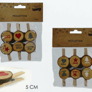 Set 6 Mollette decorative Natalizie con ceppo legno *