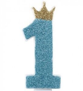 Candelina numero 1 Azzurro glitter con corona Oro *