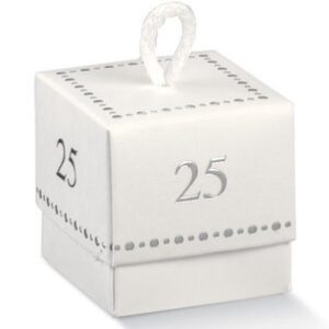 Scatolino in Cartoncino Fleur 5×5 cm altezza 5 cm con Stampa 25 in argento con cordoncino 10 pz *