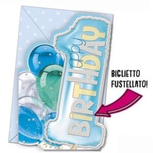 Biglietto Palloncino Primo Compleanno Celeste *