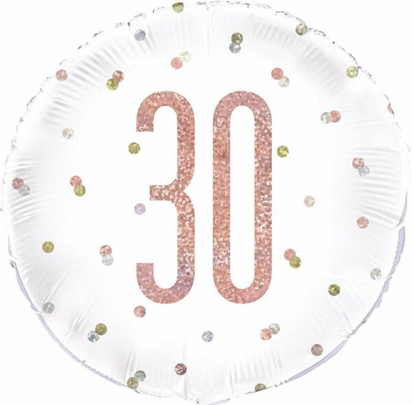 Palloncino Mylar 18'' 45 cm Bianco con numero 30 Rosa Gold