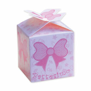 SCATOLINA CUBETTO FIOCCO BATTESIMO ROSA 5X7 cm 25 Pz*