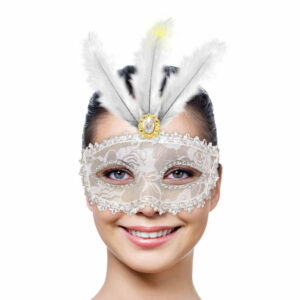 Maschera Donna in Pizzo bianco con Piume led*