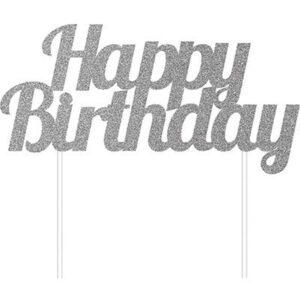 Cake Topper Happy Birthday Argento Glitter 17×7 cm