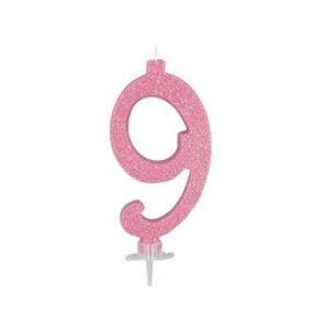 Candela 12 cm Glitter Rosa numero 9*